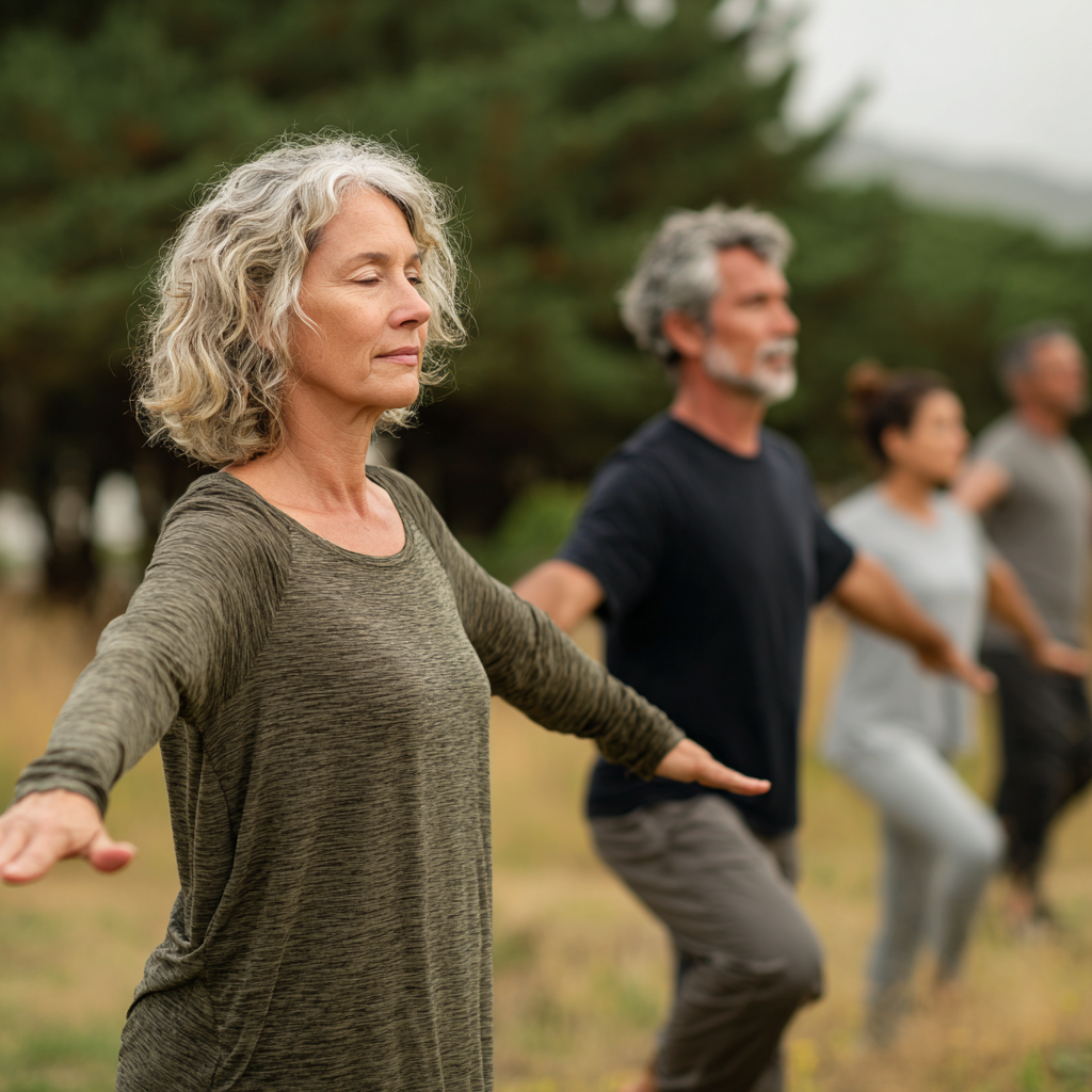Middle-aged adults practicing gentle movement exercises in natural outdoor setting