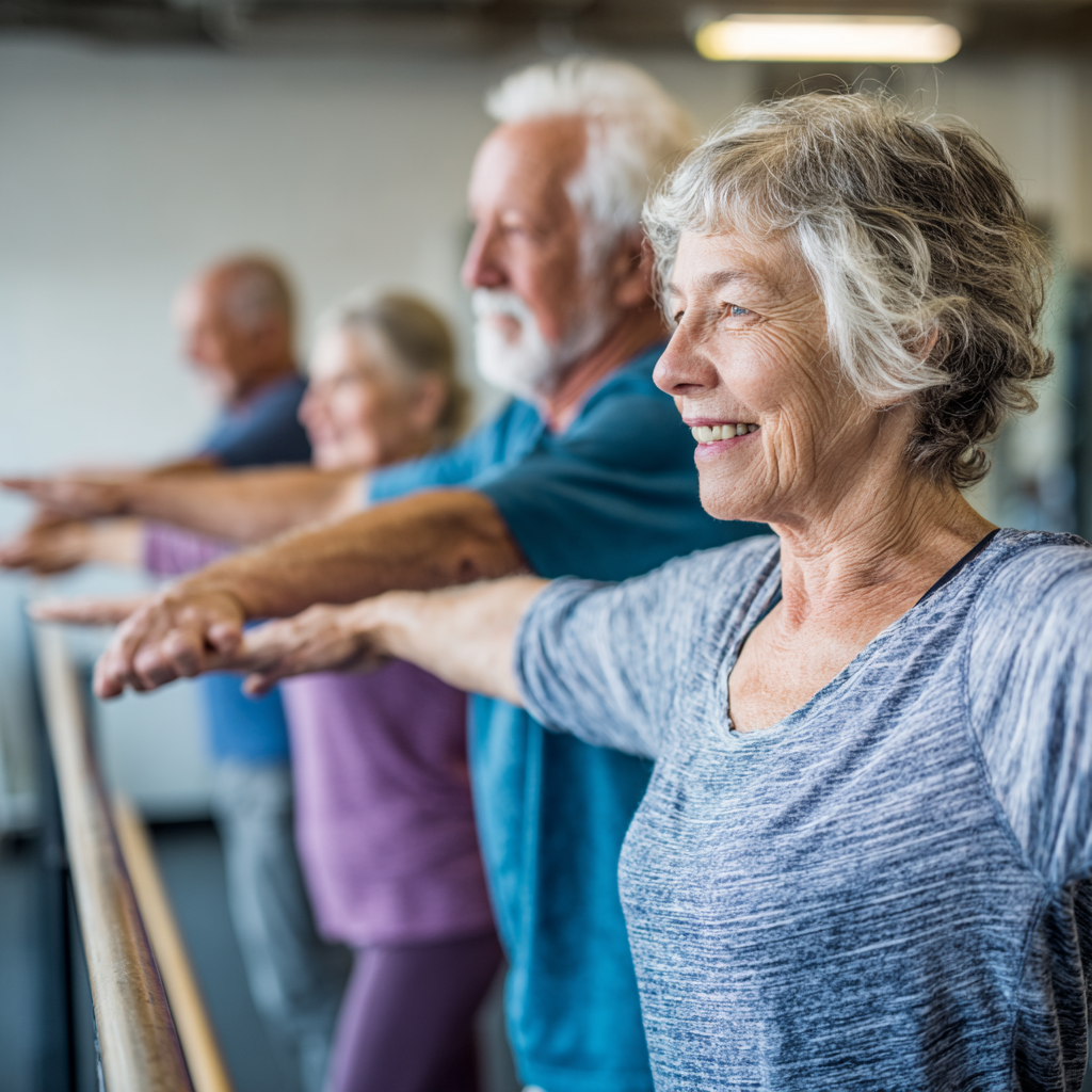 Older adults engaging in therapeutic movement exercises with professional guidance