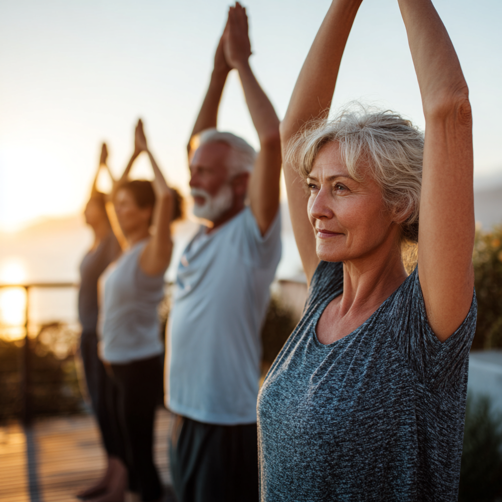Diverse group of middle-aged adults practicing customized wellness routines